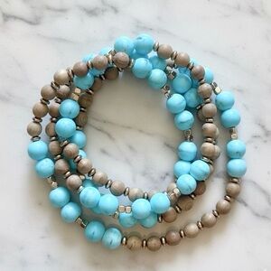 NWT Chunky Matte Turquoise, Wood & Gold Hematite Stretchy 30" Wrap Bracelet